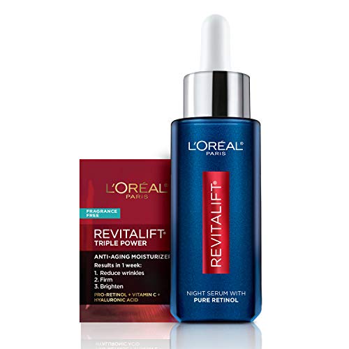 41-3ey4083L.jpg L'Oreal Paris Revitalift 0.3% Pure Retinol Night Serum, Reduce Deep Wrinkles, Fragrance Free 1 oz + Moisturizer Sample - Image 1