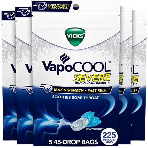 Version 1.0.0 Vicks VapoCOOL Max Strength Sore Throat Drops, Fast Relief, Soothes Pain from Cough, Menthol, Winterfrost - 225ct - Image 1