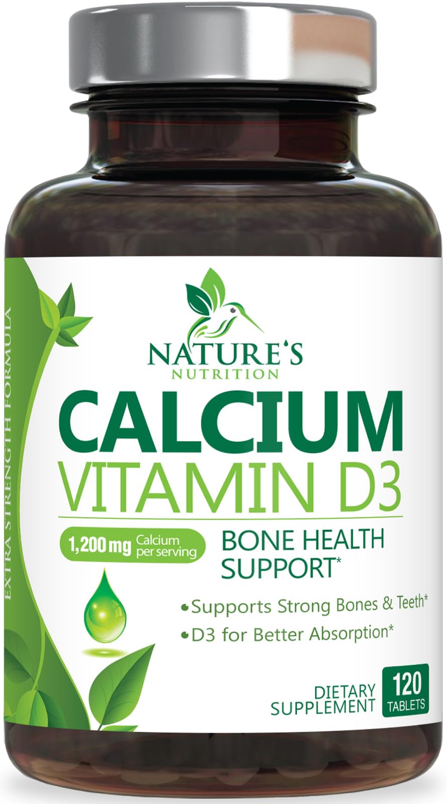 Calcium 1200 mg Plus Vitamin D3, Bone Health & Immune Support - Nature's Calcium Supplement with Extra Strength Vitamin D for Extra Strength Carbonate Absorption Dietary Supplement - 120 Tablets