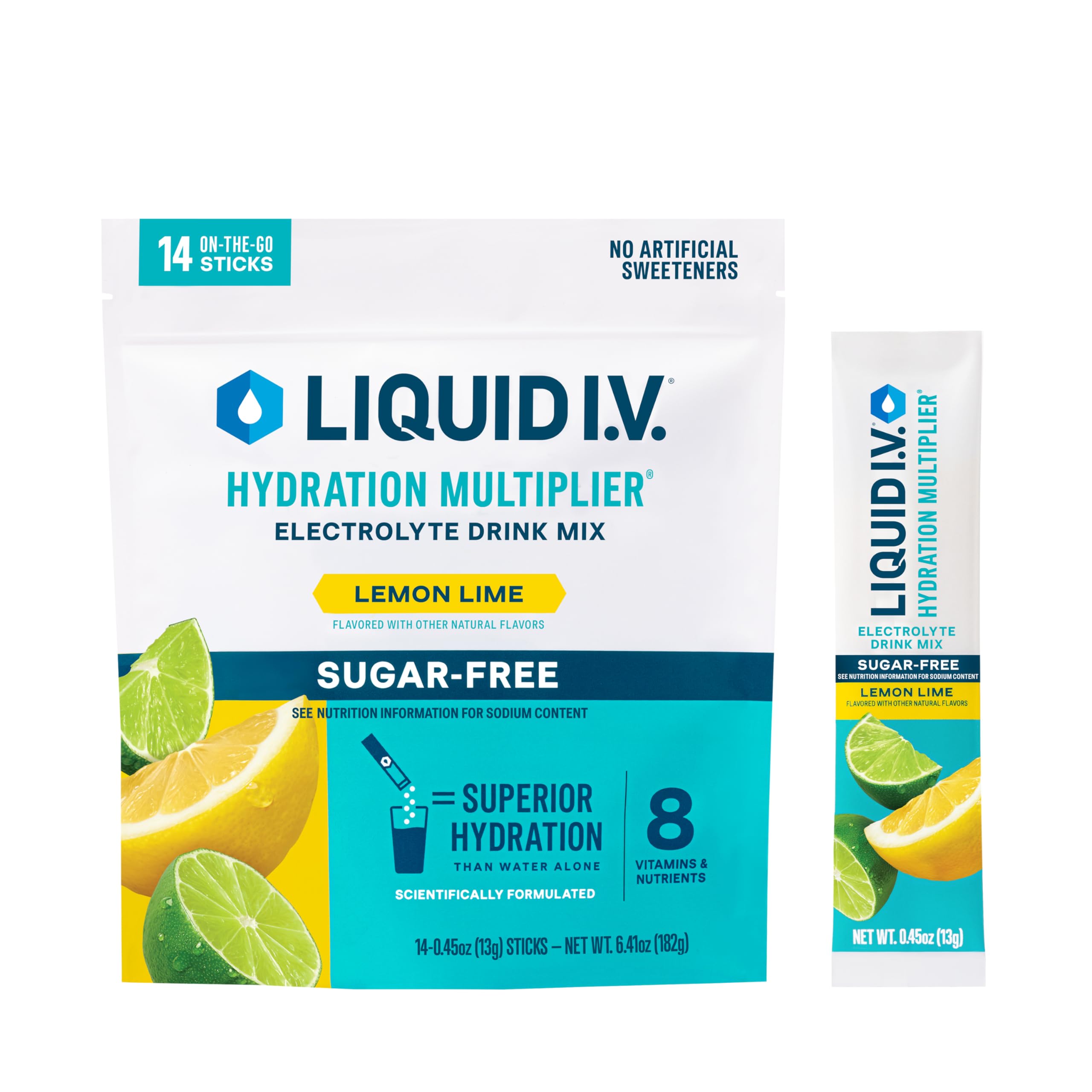 Liquid I.V.® Hydration Multiplier® Sugar-Free - Lemon Lime - Hydration Powder Packets | Electrolyte Powder Drink Mix | Convenient Single-Serving Sticks | Non-GMO | 1 Pack (14 Servings)